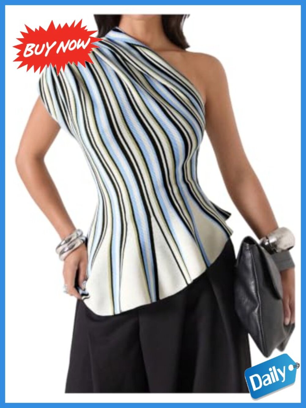Asymmetrical Striped Knit Sweater Top Ruffle Hem One Shoulder